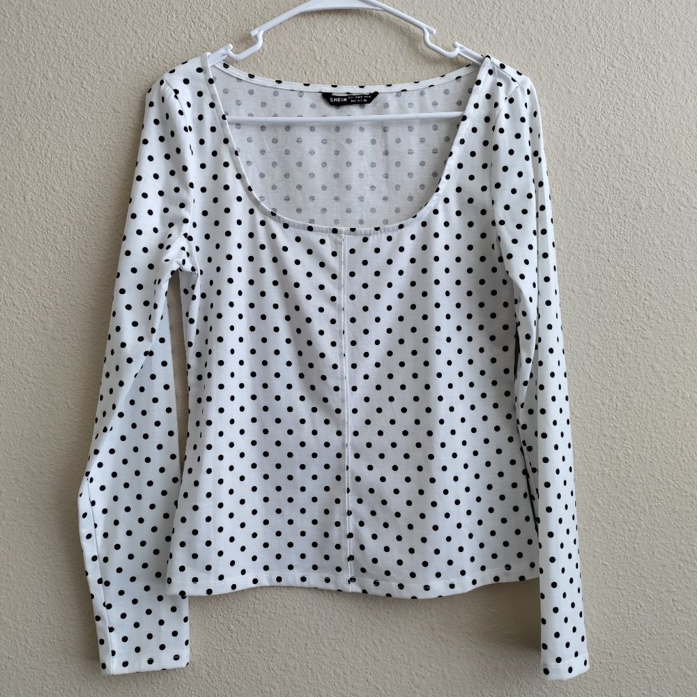 SHEIN White Polka Dot Long Sleeve Tee Size L
